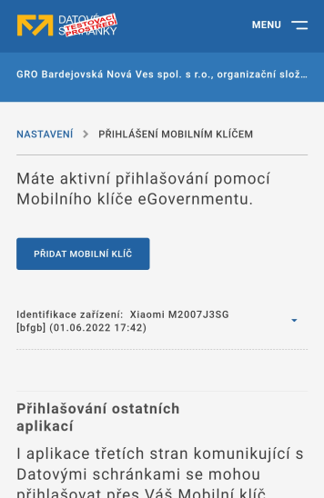 Nastavení přihlašování Mobilním klíčem