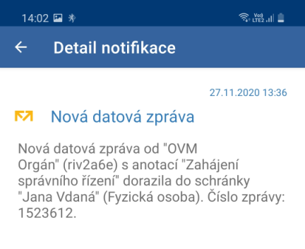 Mobilní klíč eGovernmentu - detail notifikace