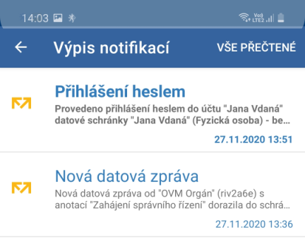 Mobilní klíč eGovernmentu - seznam notifikací