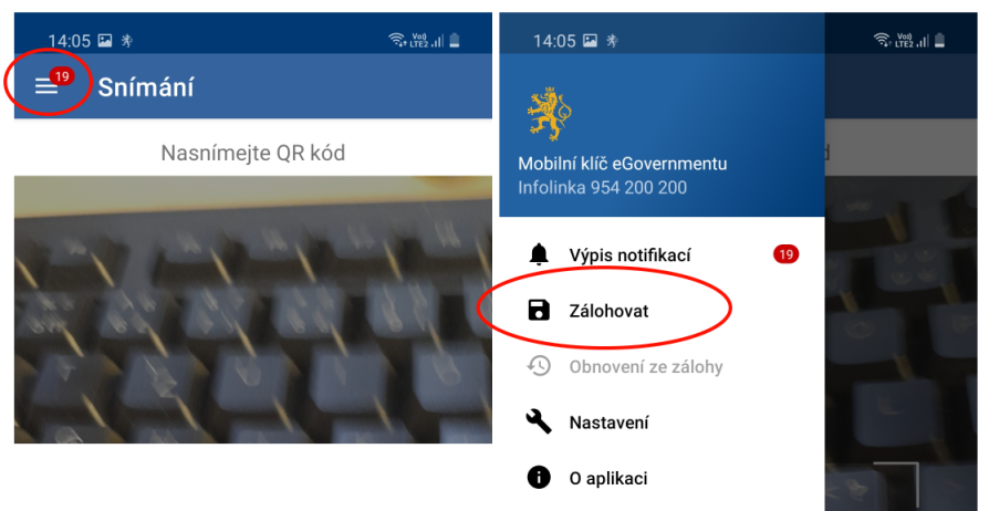 Mobilní klíč eGovernmentu - Záloha