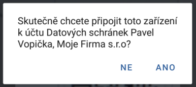 Potvrzení připojení Mobilního klíče ke zvolenému účtu