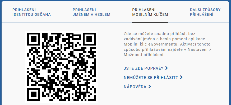 Přihlášení mobilním klíčem - QR kód