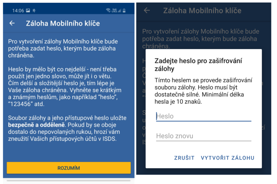 Mobilní klíč eGovernmentu - Záloha - heslo pro zašifrování