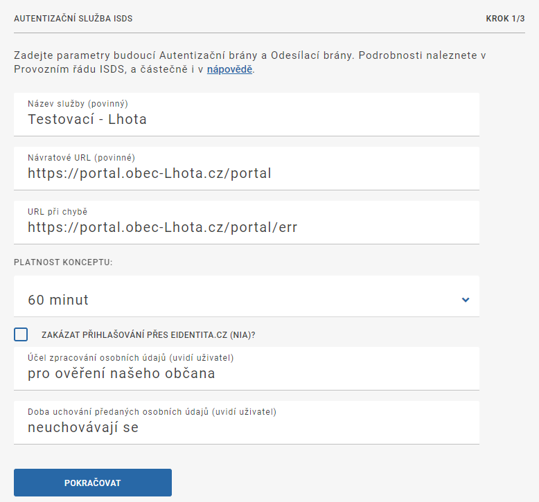 Základní parametry služby