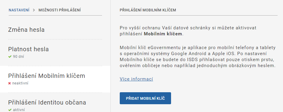 Nastavení - Přihlášení Mobilním klíčem