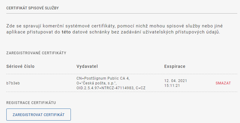 Úspěšná registrace certifikátu